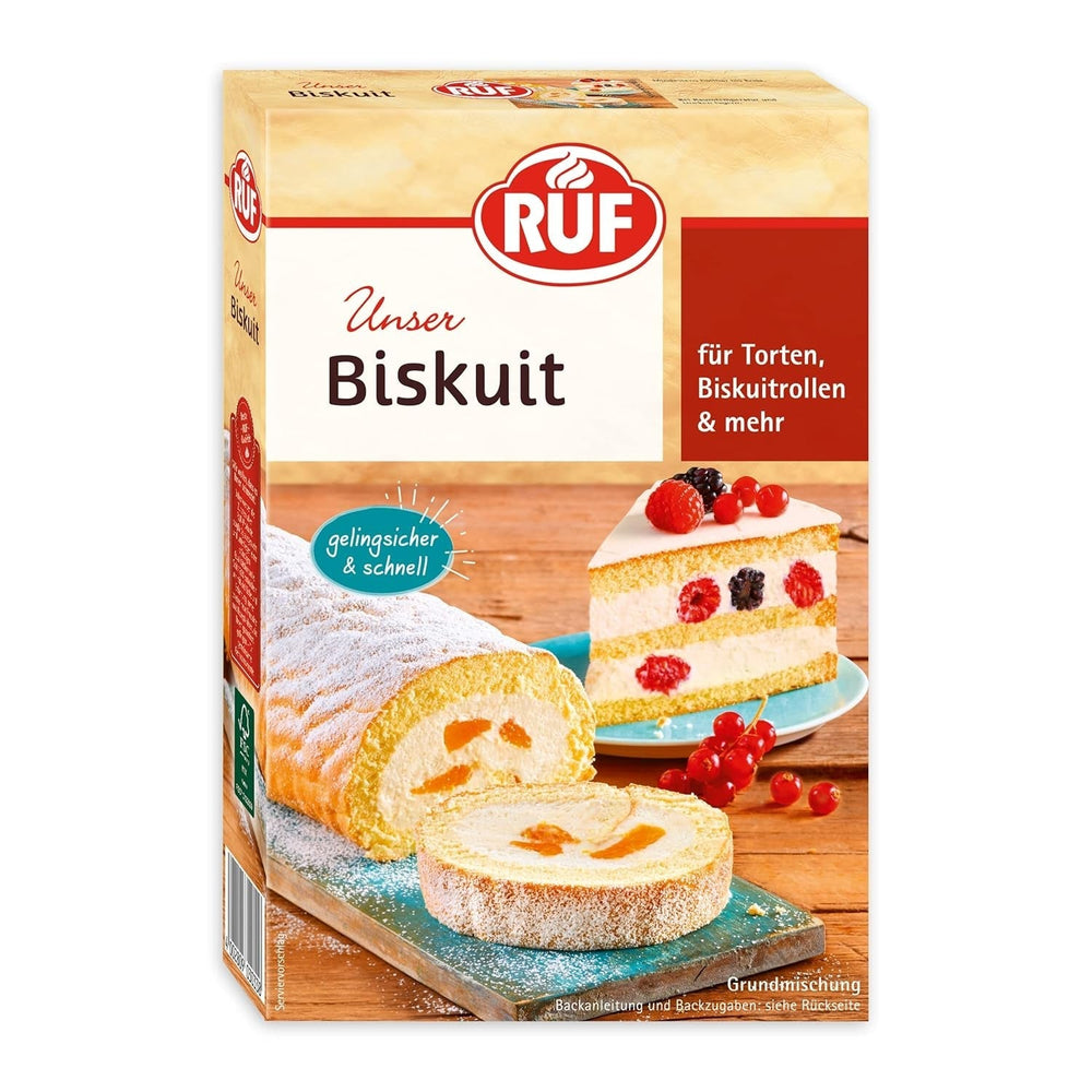 RUF Biskuit Teig, Backmischung Für Einen Saftigen Biskuitteig, Gelingsicher Und Schnell Zuberitet, Zur Herstellung Von Biskuitrollen, Biskuitkuchen or tortenboden, 1 X 250G Naty Shop Bikuit Bikuit