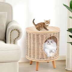 Katzenhaus Rattan, Katzenmöbel mit Holzbeinen & soft Kissen, 3 in 1 Katzenhöhle Fußhocker Nachttisch, Katzenbett stabil bis 30 kg für Wohnzimmer Schlafzimmer