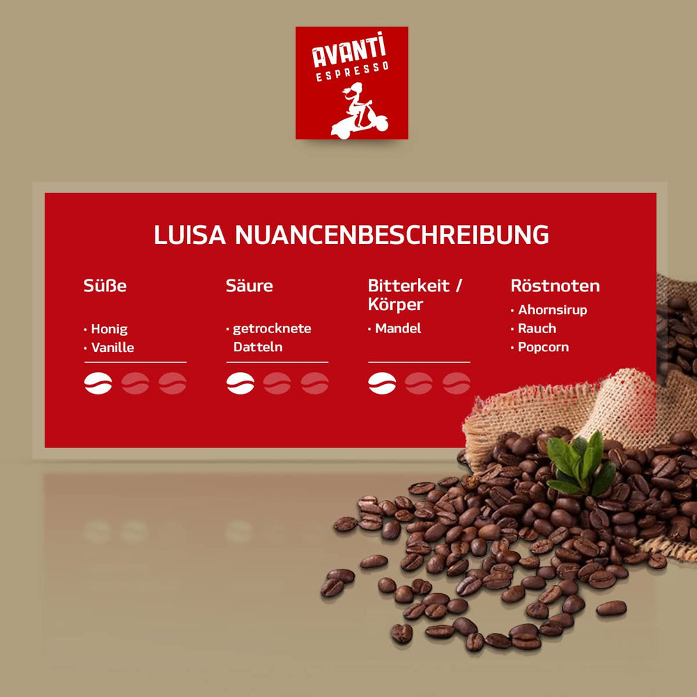 Crème en grains de café Avanti Luisa 1000g, mélange 90% Arabica-10% Robusta, arôme délicat et fruité, torréfaction traditionnelle au tambour