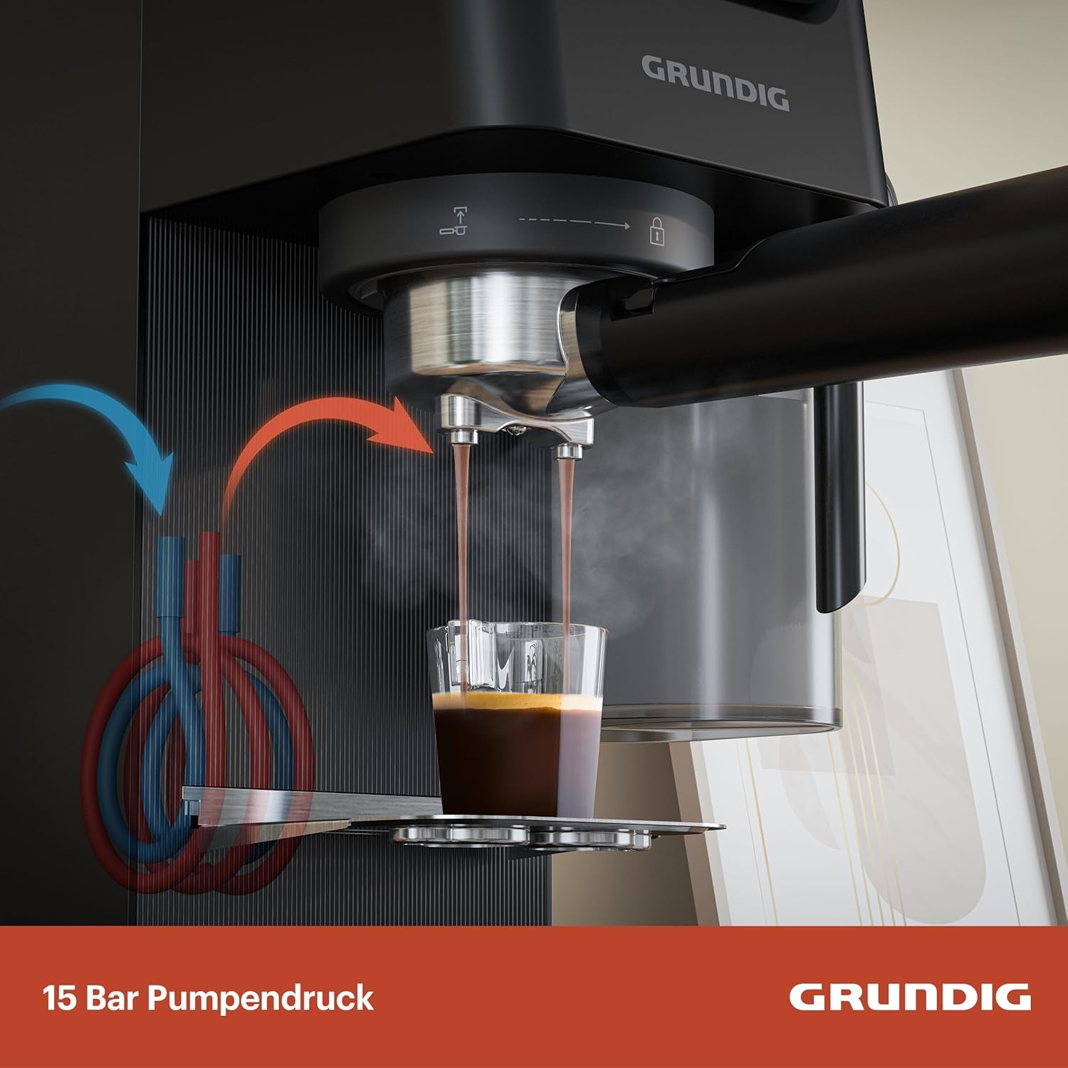 Espressor portafilter GRUNDIG KSM 5330 cu recipient de lapte integrat, putere 1628 W, presiune pompă 15 bar, duză dublă, afișaj tactil color, BrewSense, CreamyPro, Inox închis/Negru