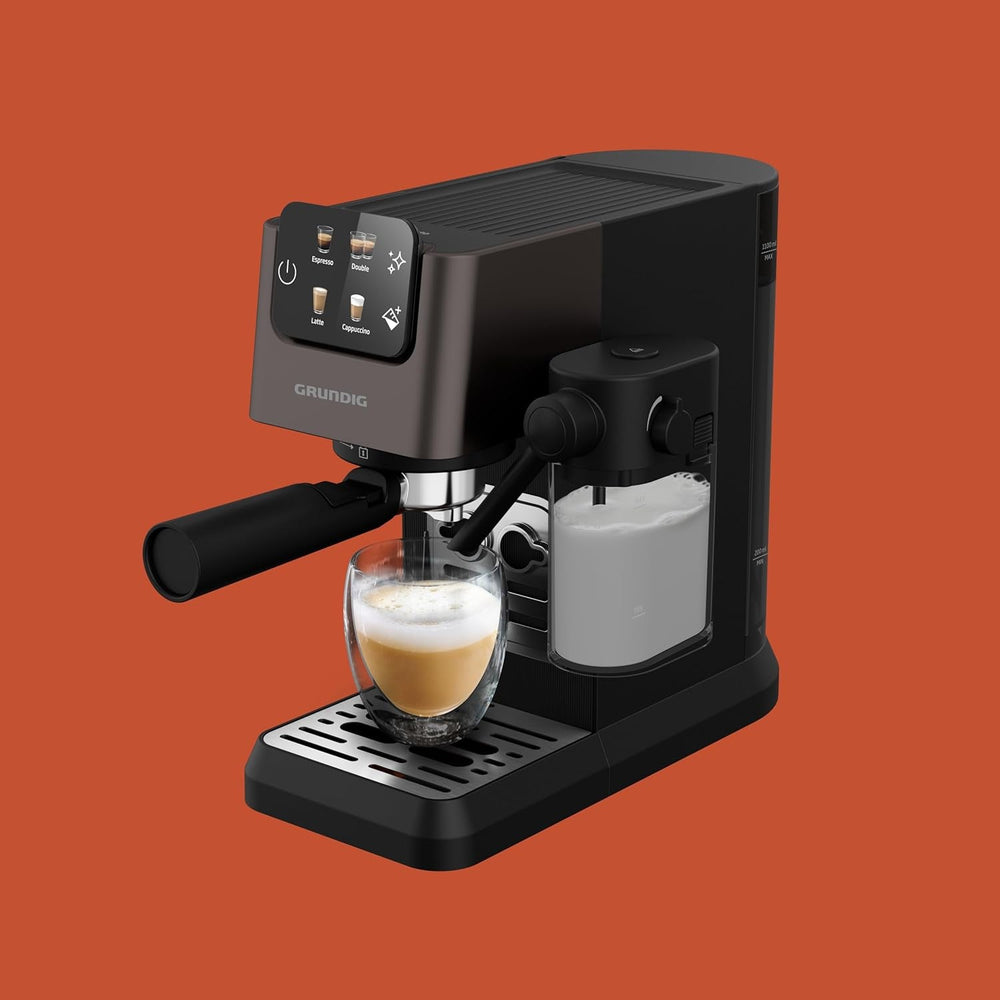 Espressor portafilter GRUNDIG KSM 5330 cu recipient de lapte integrat, putere 1628 W, presiune pompă 15 bar, duză dublă, afișaj tactil color, BrewSense, CreamyPro, Inox închis/Negru