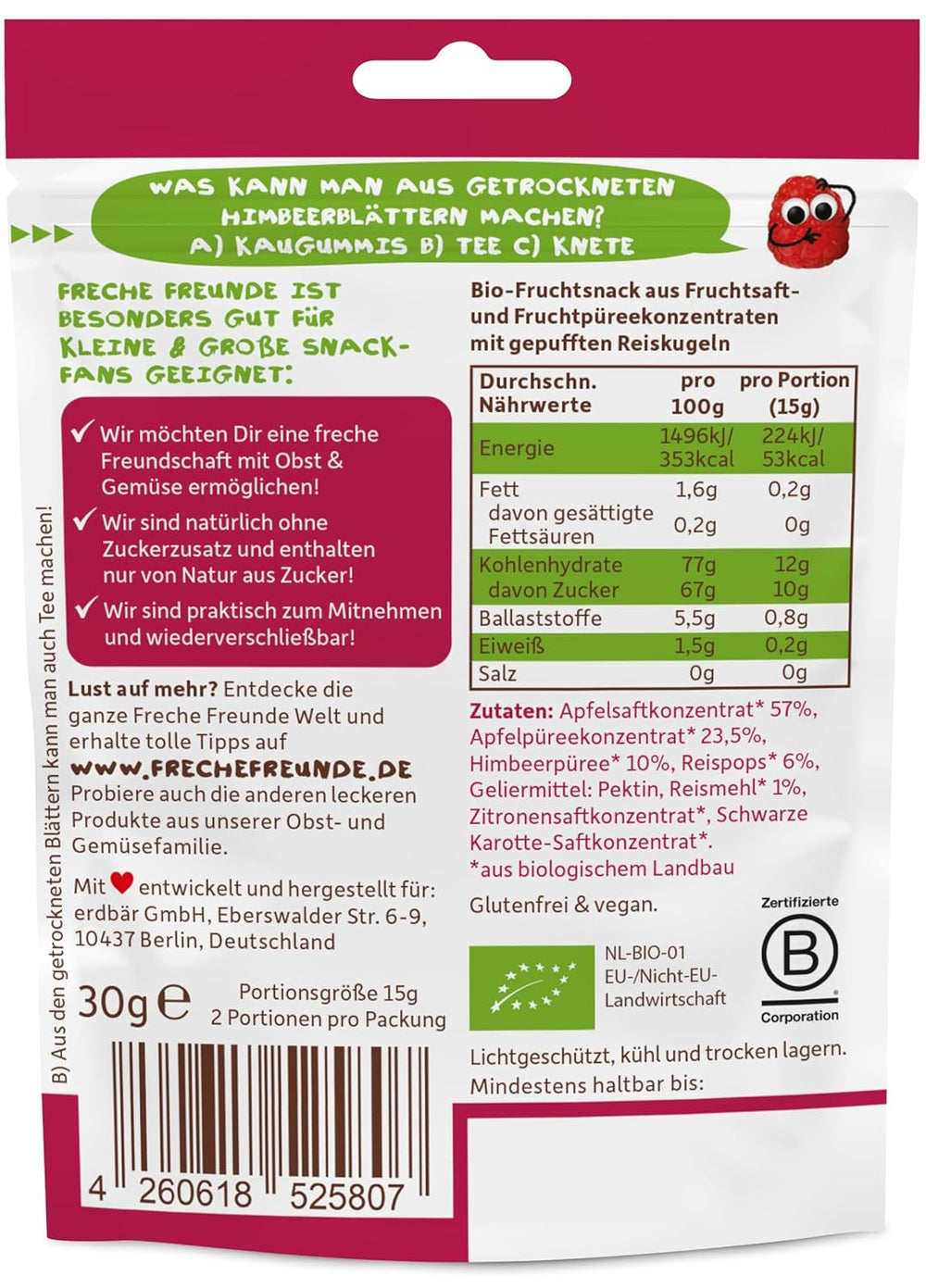 FRECHE FREUNDE Gelées de Fruits Bio, Sucettes Pomme, Framboise et Riz, Snack Sucré Fruité pour Enfants, Sans Gluten, Végétalien, Paquet de 20 (20 x 30g)