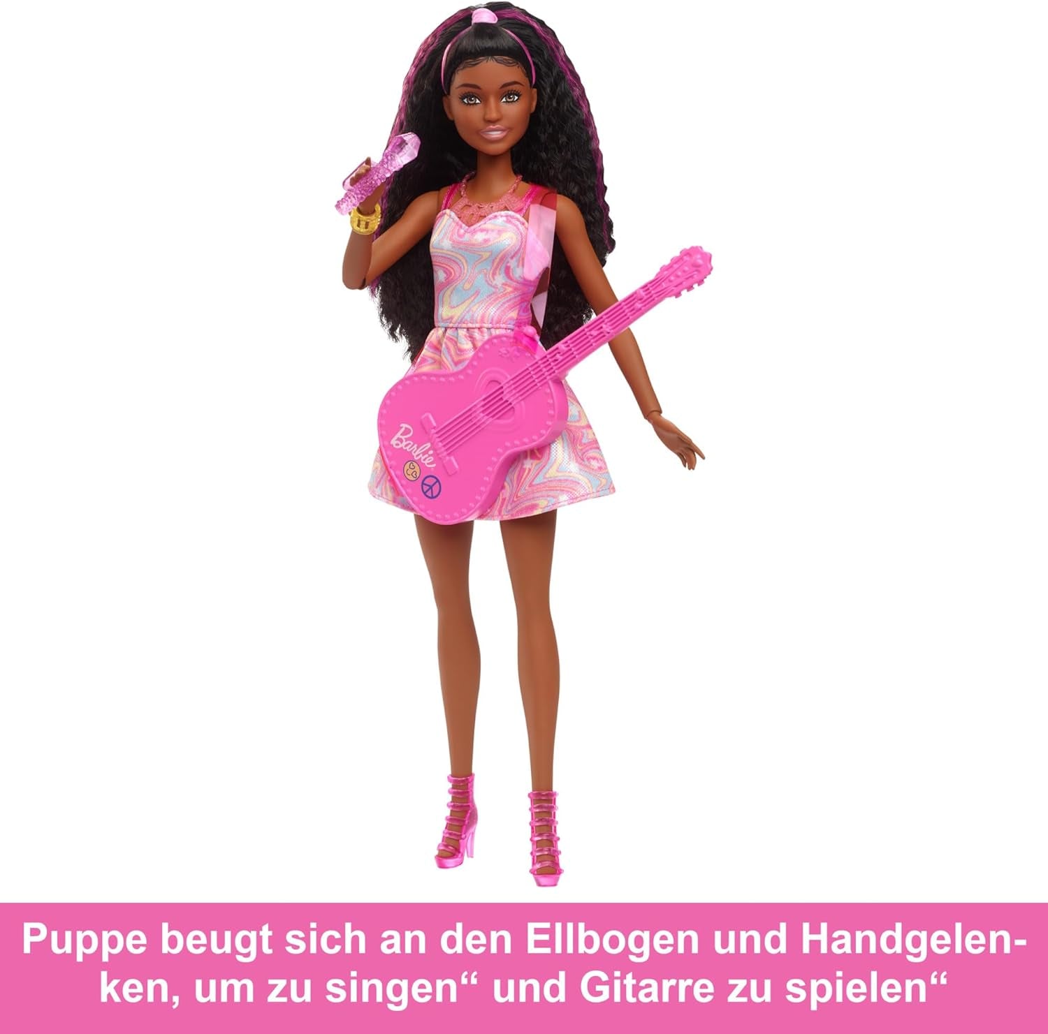 Barbie Sängerin-Puppe - Zubehör-Set zur 65. Jubiläumsedition, Bühnen-Clip, Mikrofon und Gitarre, Sonnenbrille, Schmuck und Blumenstrauß und pinken High Heels, für Kinder ab 3 Jahren, HRG43