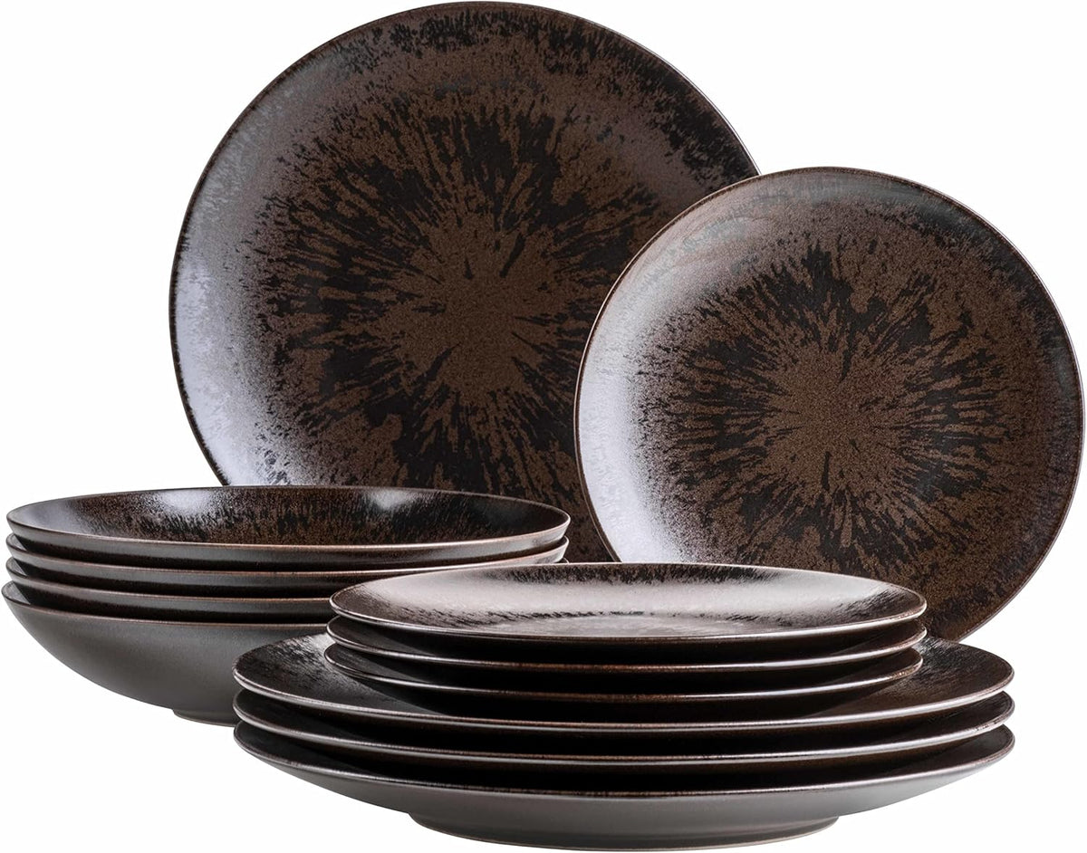 MÄSER Service de table 12 pièces en bronze métallisé pour 4 personnes avec vernis élégant et brillant, ensemble d'assiettes à dîner, assiette à dîner et assiette à dessert en céramique de haute qualité, grès, marron