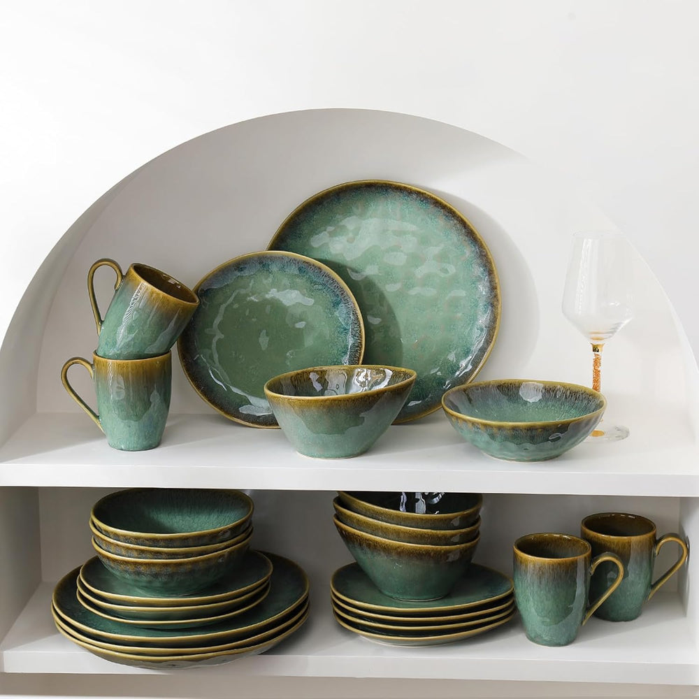 Henten Home Assiettes spéciales en grès, bols à snack et à sauce - 20x17cm pour 4 personnes, assiettes petit-déjeuner en porcelaine - design vert moderne