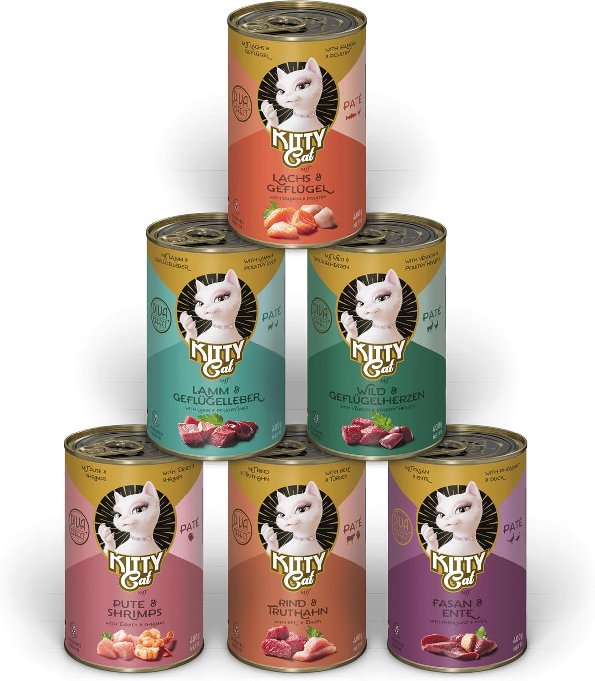 KITTY Cat Paté Mix 2, 6 x 400 g, nourriture humide pour chats dans un emballage d'échantillons, nourriture sans céréales avec taurine, huile de saumon et moules vertes, aliment complet à haute teneur en viande, fabriqué en Allemagne
