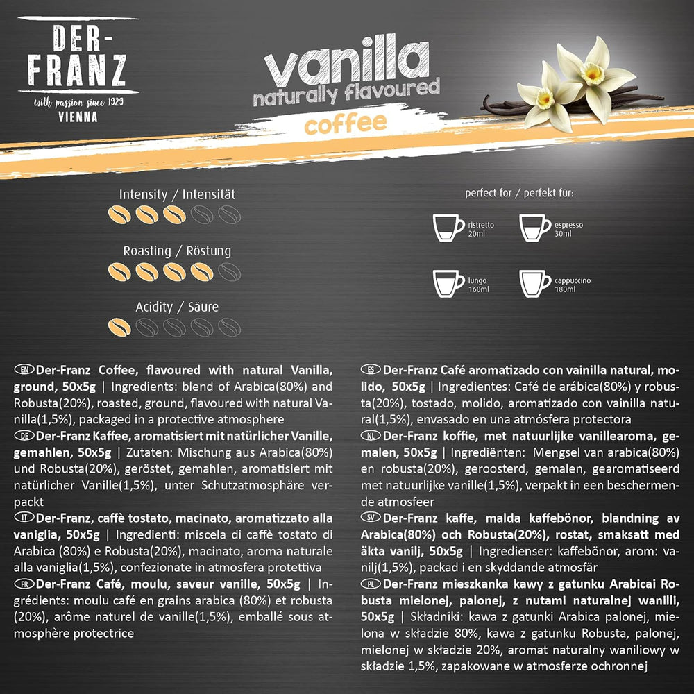 Der-Franz Kaffee Pack, ganze Bohne, aromatisé, 5 x 500 g (1 x Noisette, 1 x Vanille, 1 x Chocolat, 1 x Zimt, 1 x Caramel)