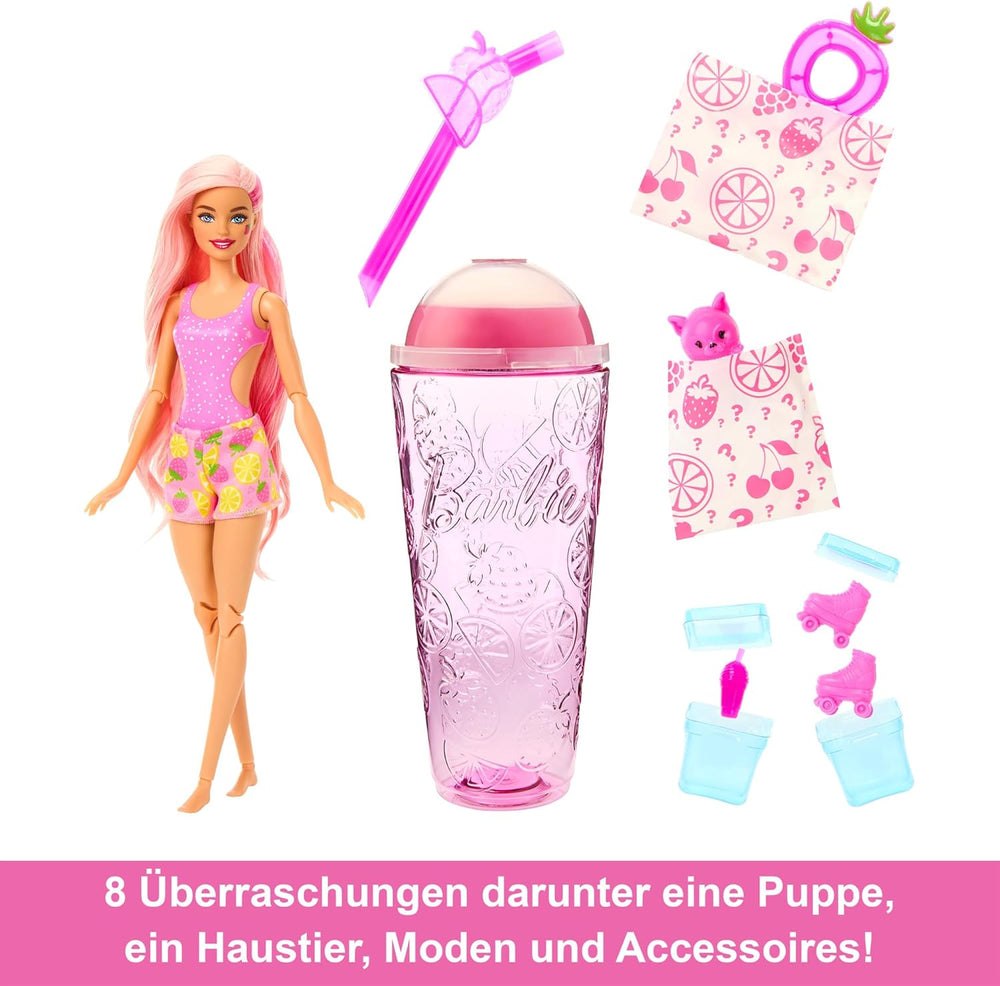 Barbie Pop Reveal Fruit - Poupées surprises avec 8 surprises fruitées, dont une poupée positionnable parfumée à la limonade aux fraises et un chiot moelleux, à partir de 3 ans, HNW41