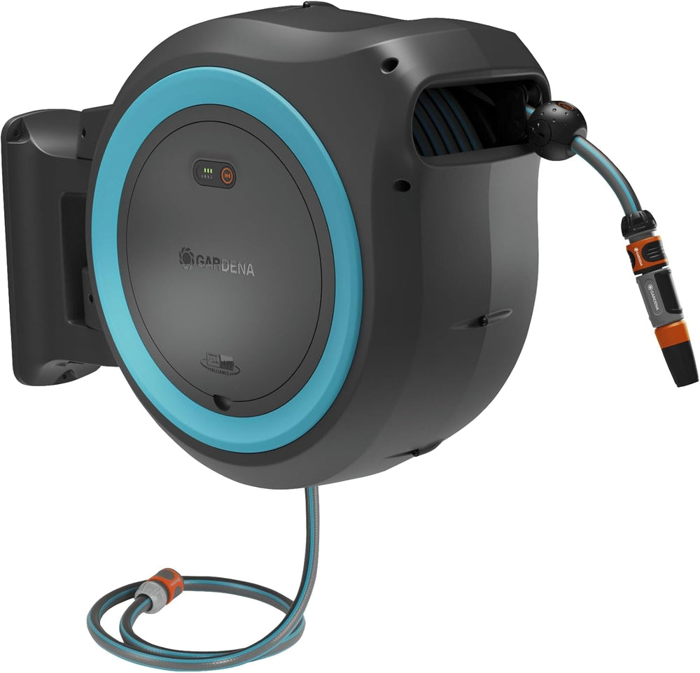 Gardena PowerRoll XXL Solo Dévidoir mural sans fil : enrouleur automatique avec tuyau d'arrosage de 40 m, guide de tuyau et RollControl, alimenté par batterie, résistant aux UV et au gel (18647-55)