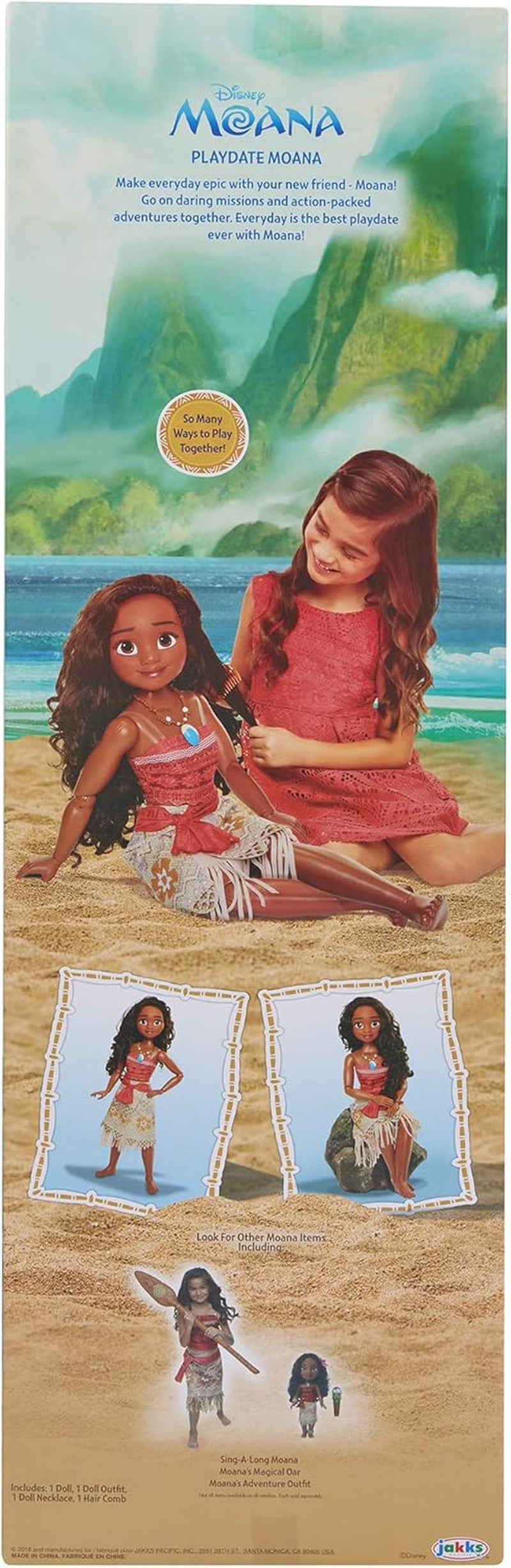 Disney Princess Vaiana, grande poupée de jeu de Jakks Pacific de 80 cm, jolie poupée, avec une brosse à la main dans ses serrures bien fermées, pour un vêtement inspiré du film, porte-clés avec crochets