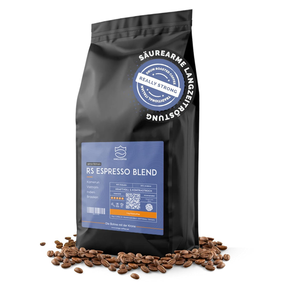 KING'S COFFEE - AMESTEC RS ESPRESSO - 1 kg de grains de café forts et aromatiques - café à faible acidité - café en grains entiers - torréfaction en petits lots d'Italie - grains d'espresso pour machines entièrement automatiques et machines à porte-filtre