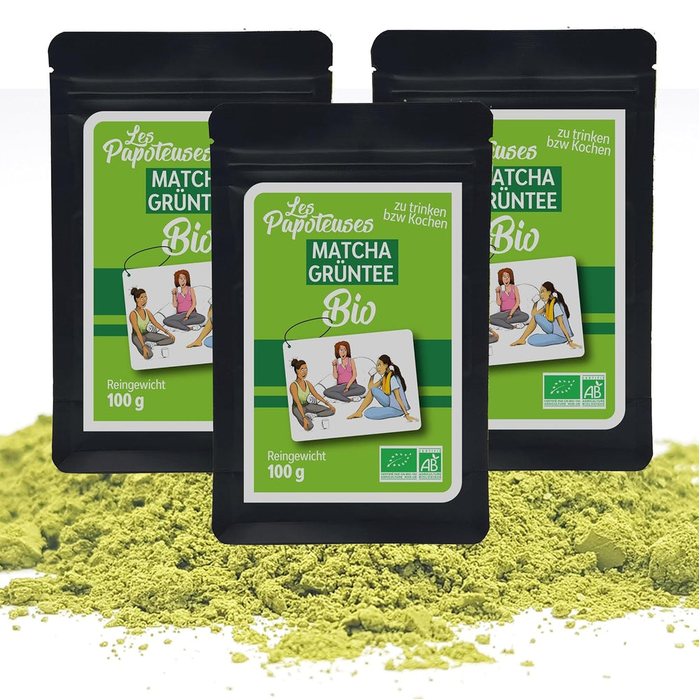 | Matcha bio en poudre 100 g | Thé vert Matcha en poudre de qualité cérémonielle | 100% naturel et qualité premium | Thé détoxifiant | Compatible avec le set Matcha, la tige, le bol et le verre.