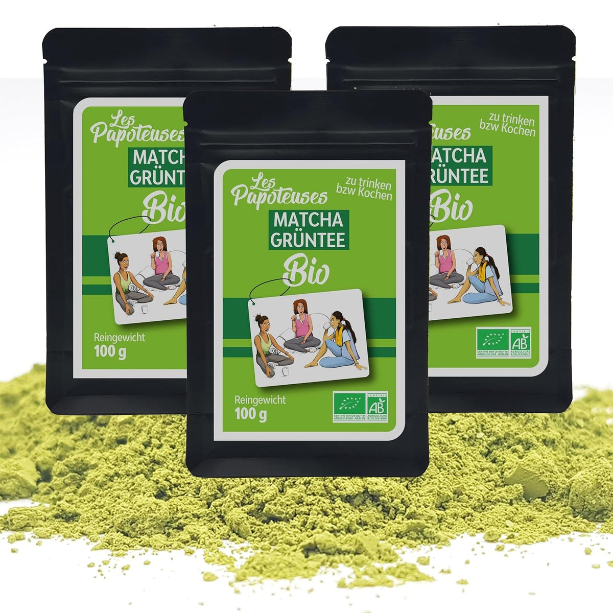 | Matcha bio en poudre 100 g | Thé vert Matcha en poudre de qualité cérémonielle | 100% naturel et qualité premium | Thé détoxifiant | Compatible avec le set Matcha, la tige, le bol et le verre.