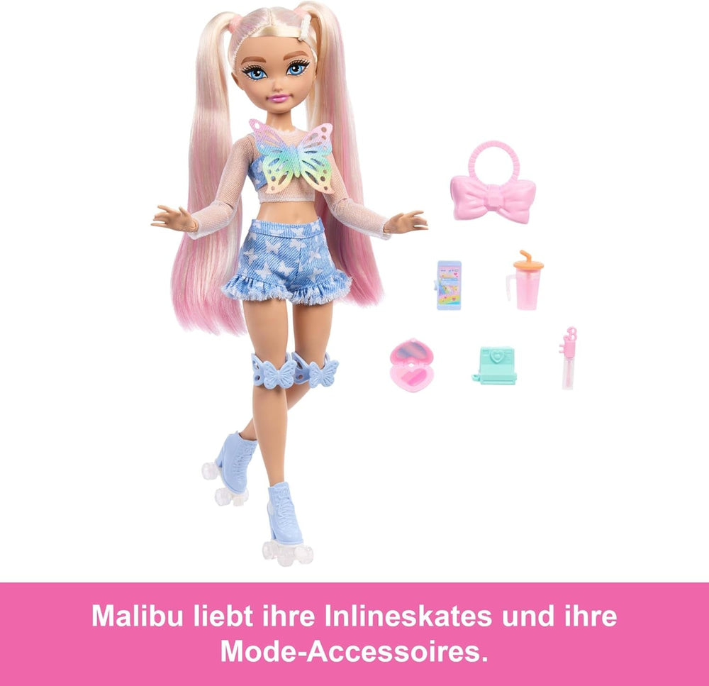 Barbie Dream Besties Puppe und Zubehörteile, bewegliche Barbie Malibu Rollschuh-Modepuppe mit blondem Haar, 9 Teile zum Thema Make-up, JFX96