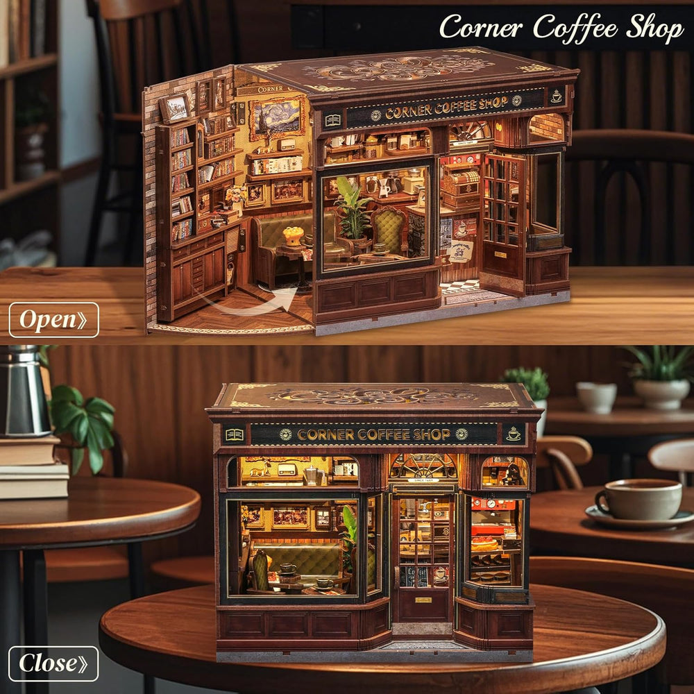 CUTEBEE Kit d'angle de livre – Maisons de poupée à monter soi-même, kit de construction de maison miniature éclairée par LED pour adultes, puzzle 3D en bois et support de livre – Décoration d'étagère et cadeau (coin café)