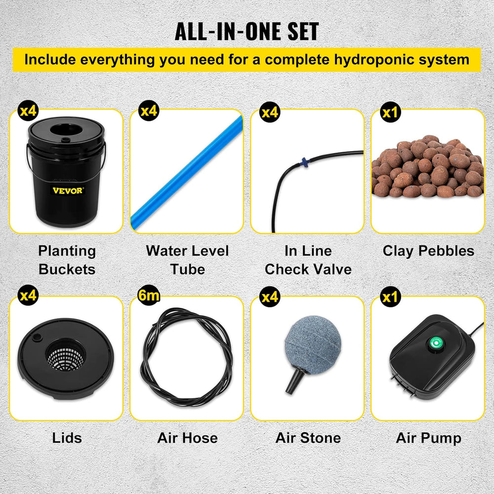 VEVOR DWC Système de culture hydroponique, systèmes de culture hydroponique, culture en eau profonde 4 seaux de 20 litres, système DWC avec pompe à air, pierres à air et indicateur de niveau d'eau pour légumes à feuilles