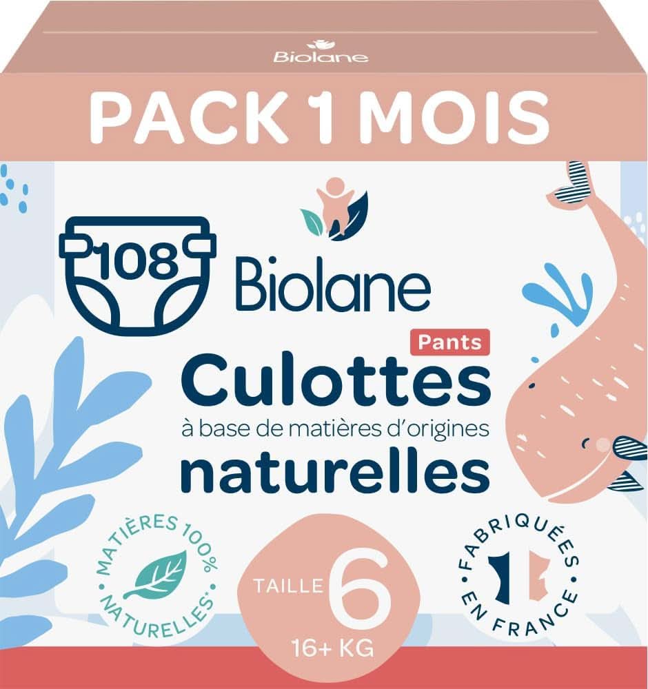 BIOLANE - Couche culotte - Taille 6 (16 + kg) - Pas de fuite pendant 12 heures - Forfait 1 mois - 108 Couches - Ecologique Mère et Enfant Naty Shop