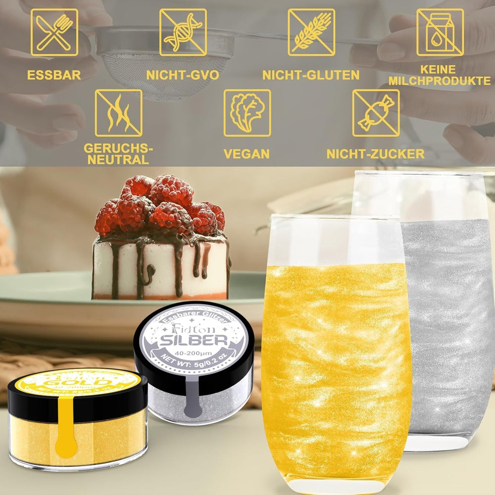 Paillettes comestibles pour boissons – Fidton 2 couleurs en poudre colorant alimentaire, paillettes comestibles pour gâteaux, fondant doré, beignet, paillettes comestibles pour boissons, cocktails, or et argent comestibles – 5 g