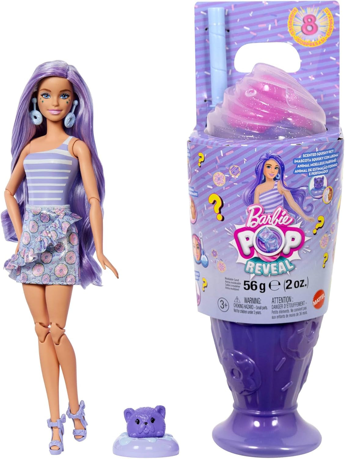 Barbie Pop Reveal Series - Coffret avec poupée mannequin et accessoires, série Candy, design Donut Dreams avec animal de compagnie, 8 surprises dont changement de couleur, JFY60