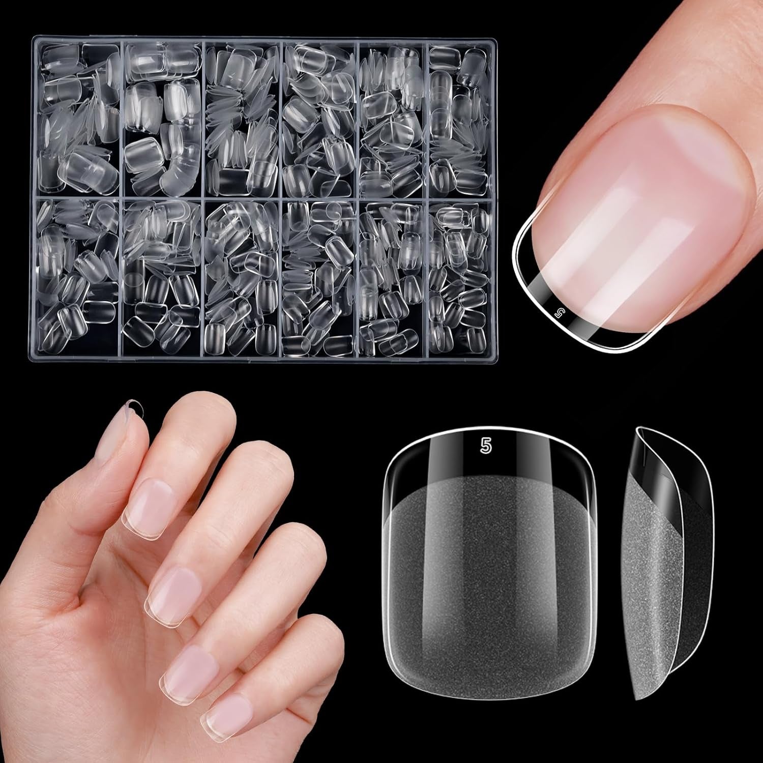Ongles artificiels courts 500 pièces bouts d'ongles à couverture complète en gel souple pour ongles en gel 12 tailles bouts d'ongles pré-polis pour ongles en gel Ongles artificiels courts Extensions d'ongles de cercueil avec boîte