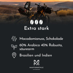 Grains d'espresso Martermühle Bike 500g Strong | Arabica/Robusta | Saveurs : Noix de macadamia, chocolat au lait | Grains d'espresso entiers légèrement torréfiés, faible acidité