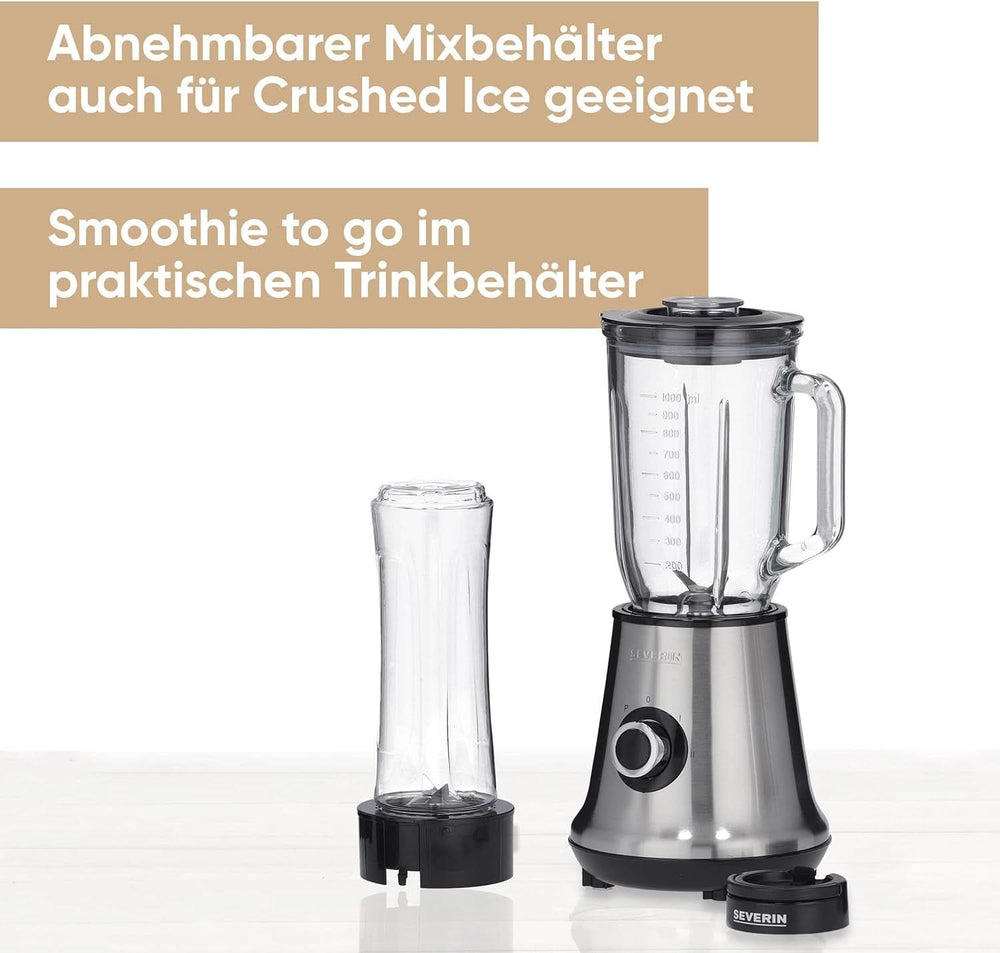 SEVERIN Multimixer, batteur sur socle 2 en 1 et machine à smoothie avec 1 L de récipients en verre et de boissons, mixeur de cuisine avec 2 lampes et fonction impulsion, 500 W, Edelstahl/Schwarz, SM 3737 Mother and Child Naty Shop