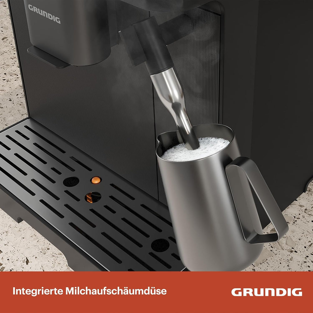 Machine à expresso entièrement automatique GRUNDIG KVA 6230 avec mousseur à lait, moulin en acier inoxydable avec 13 niveaux de mouture, réservoir à grains 250 g, réservoir d'eau amovible 2 litres, pression de pompe 19 bar, écran tactile, noir