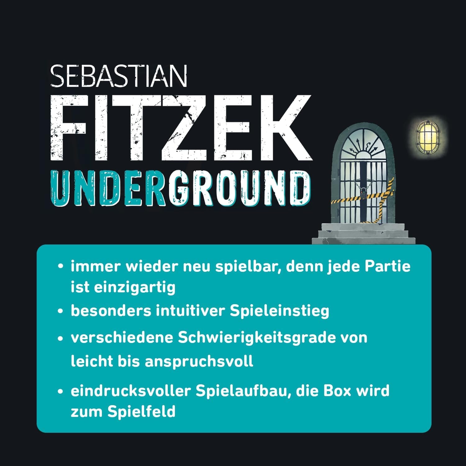 Moïse. Sebastian Fitzek Underground, un jeu de thriller 3D innovant pour les fans d'escape game, un jeu de société coopératif de Marco Teubner avec différents niveaux de difficulté, à partir de 12 ans.