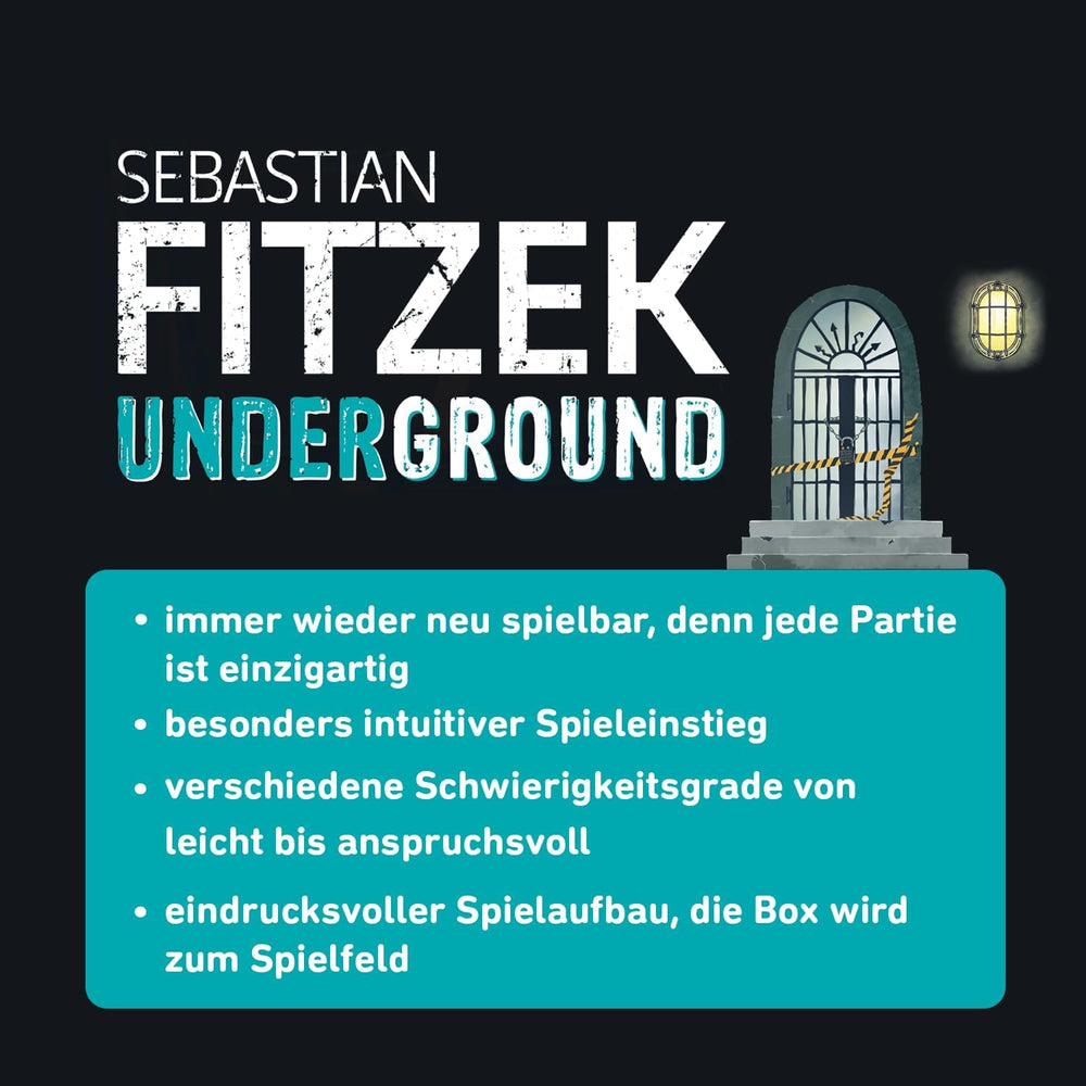 Moïse. Sebastian Fitzek Underground, un jeu de thriller 3D innovant pour les fans d'escape game, un jeu de société coopératif de Marco Teubner avec différents niveaux de difficulté, à partir de 12 ans.