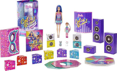 Barbie GXJ88 - Fête surprise de révélation de couleurs, +50 surprises : 1 poupée, 1 poupée Chelsea, 2 animaux, 6 changements de couleur, accessoires et plus encore, ensemble de soirée dansante, cadeau jouet pour enfants de 3 ans et plus