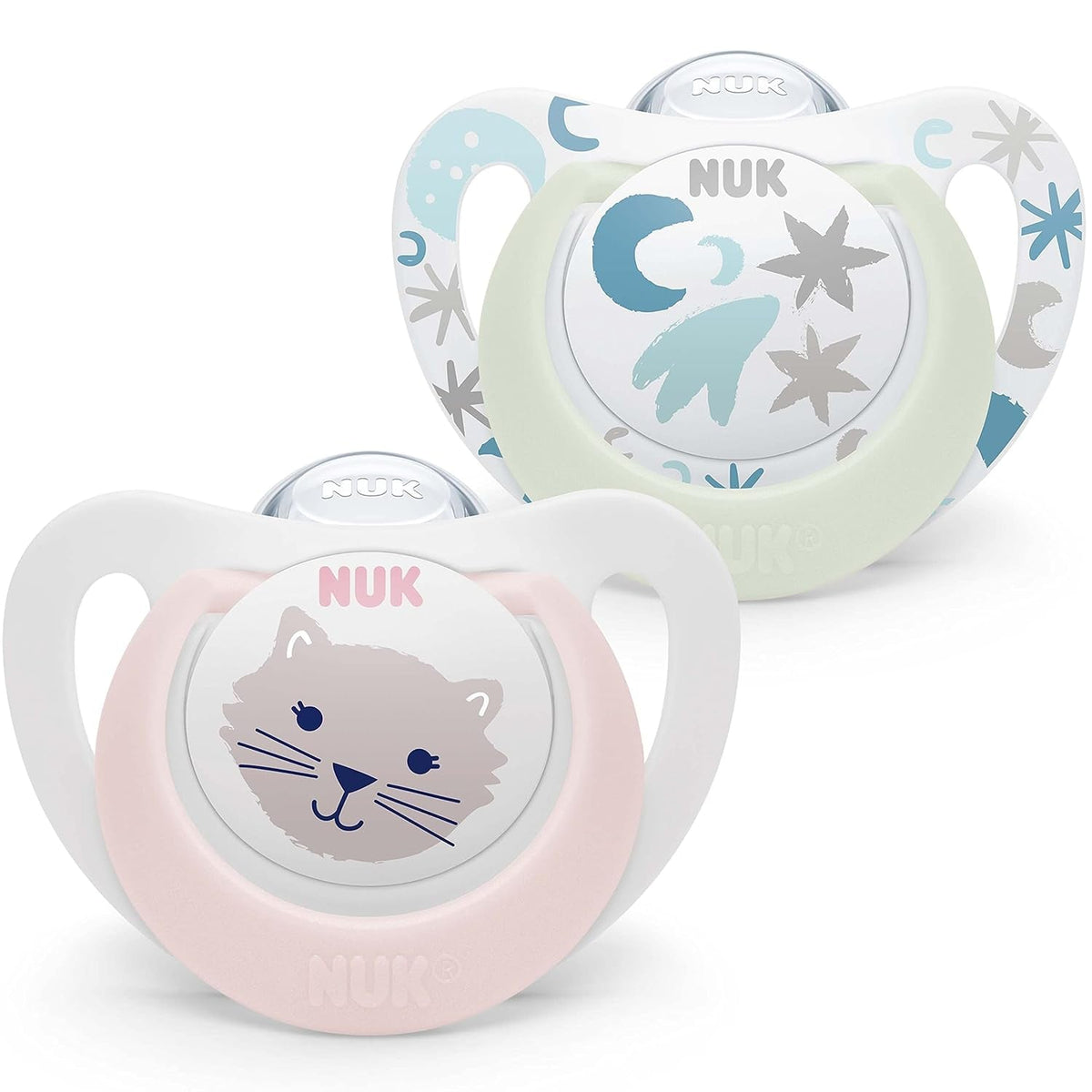 NUK Star Night & Day Sucette pour bébé 0-6 mois Glow In The Dark Silicone Sans BPA Chat Rose Lot de 2