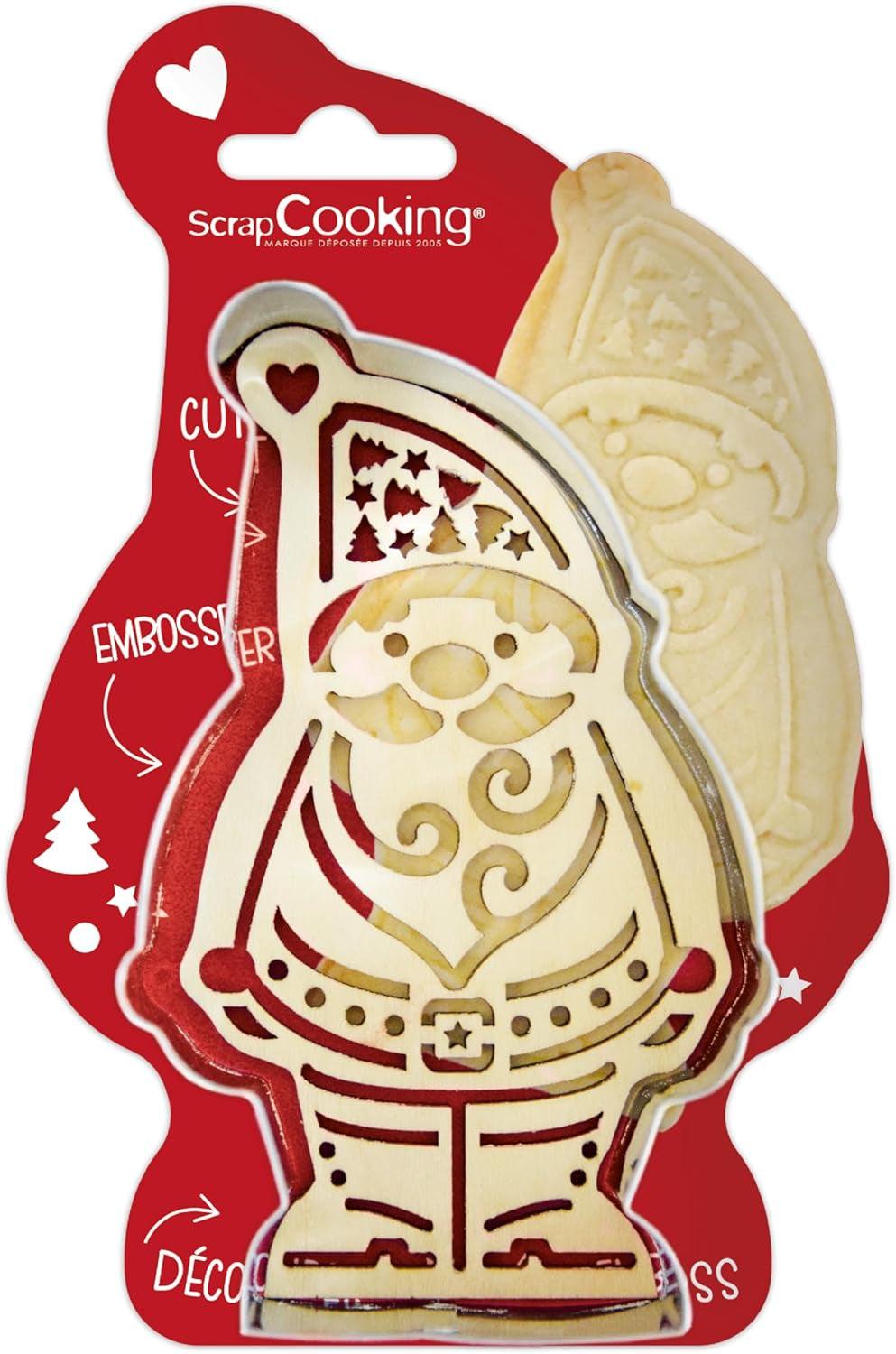 ScrapCooking - Ensemble d'emporte-pièces en bois Père Noël en relief - Emporte-pièce de Noël en acier inoxydable en relief - Accessoires de pâtisserie - Idée cadeau de Noël pour la cuisine - 2079