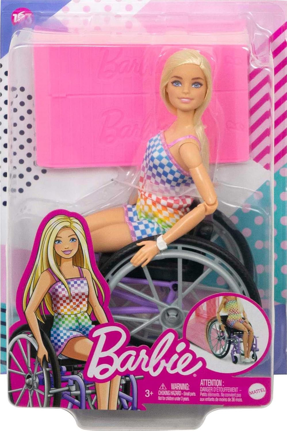 Poupée Barbie Fashionista, cheveux blonds et combinaison arc-en-ciel, fauteuil roulant et rampe inclus, cadeau de poupée pour enfants, jouet pour 3 ans et plus, HJT13