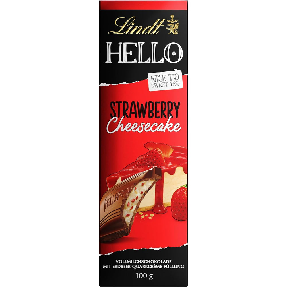 Lindt HELLO Gâteau au fromage aux fraises et au chocolat | Barre 100g | Chocolat au lait fourré à la crème de fromage blanc aux fraises | Barre de chocolat | Cadeau chocolat