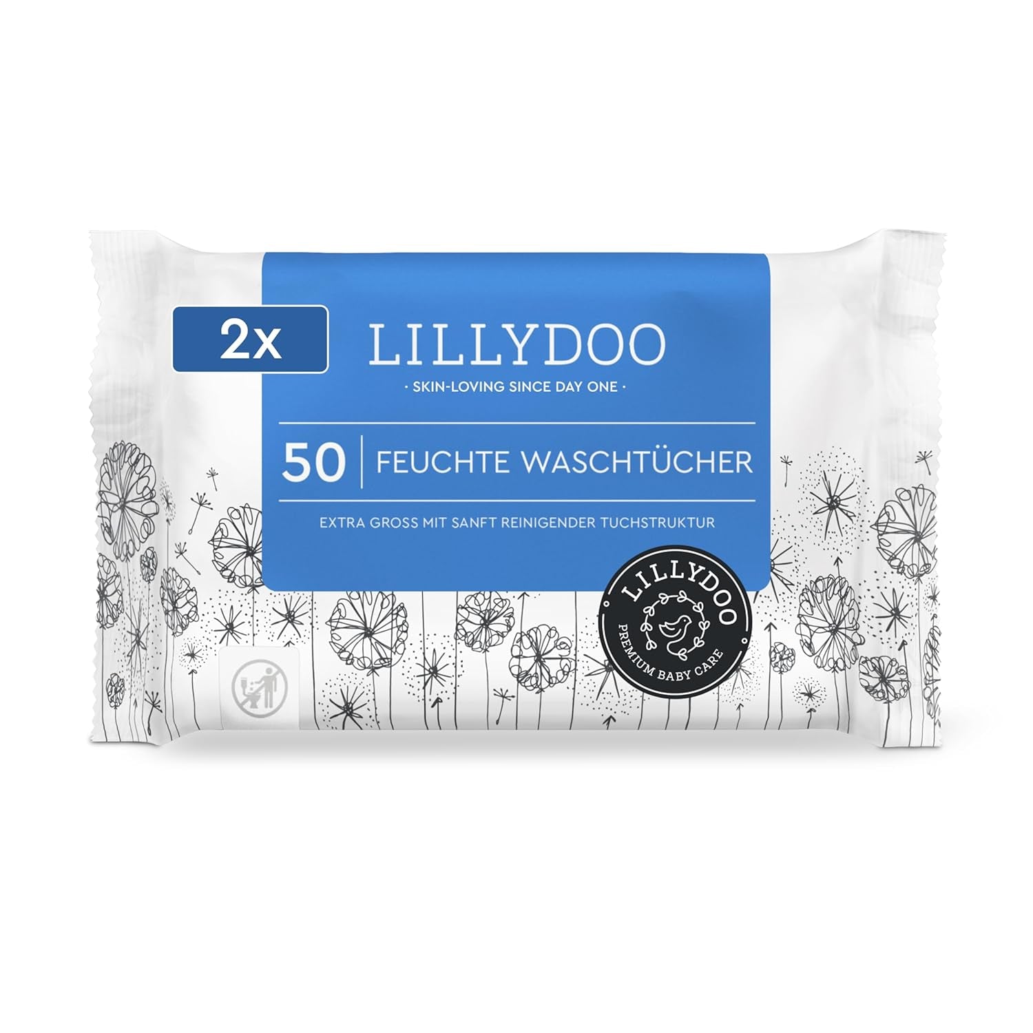 LILLYDOO Lingettes humides 50 pièces 100 % sans plastique, très grandes lingettes, non parfumées