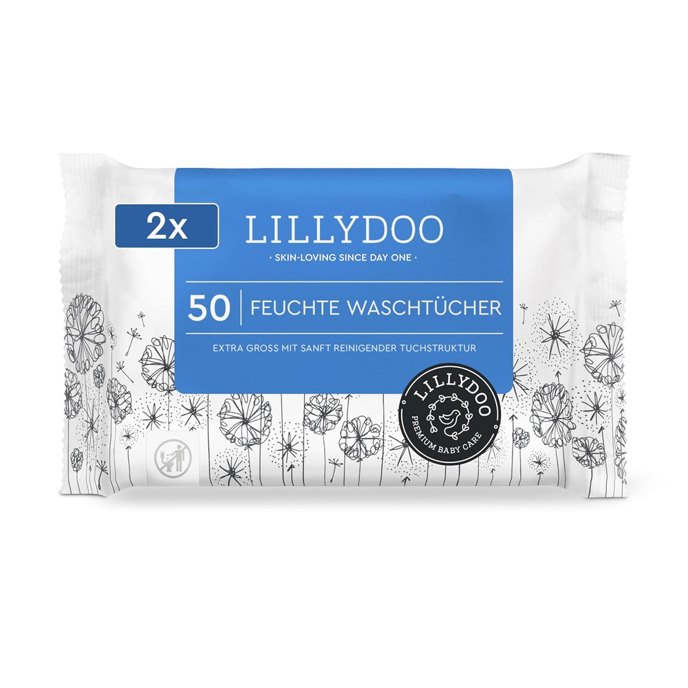 LILLYDOO Lingettes humides 50 pièces 100 % sans plastique, très grandes lingettes, non parfumées