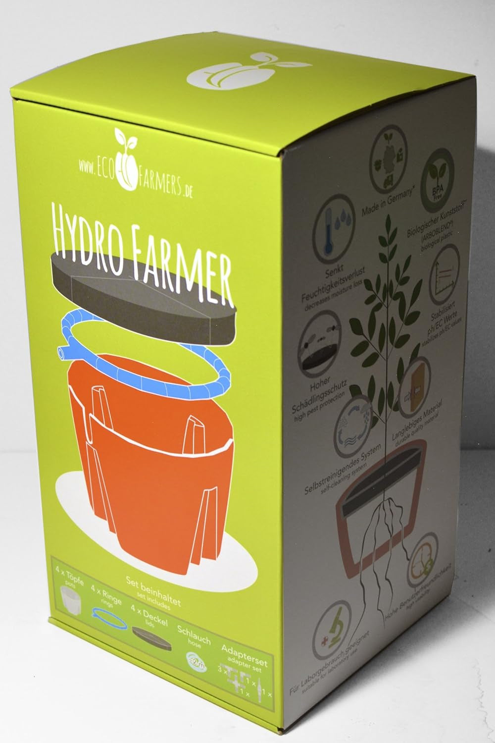 Hydro Farmer, set de pots 19 pièces Ø 18 cm (vert), système de culture comprenant 4 pots, 4 anneaux d'arrosage, 4 couvercles, kit adaptateur et tuyau 2 m, culture hydroponique, aéroponie