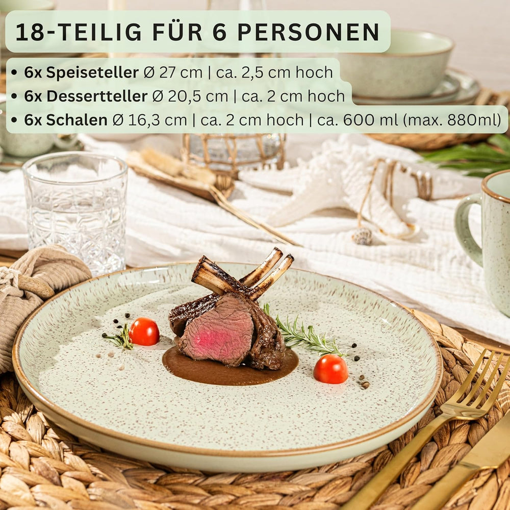 SÄNGER Rio Menthe | Service de table en grès pour 6 personnes, 6 assiettes, 6 assiettes à dessert, 6 bols, vert menthe | LA COLLECTION VALEUR