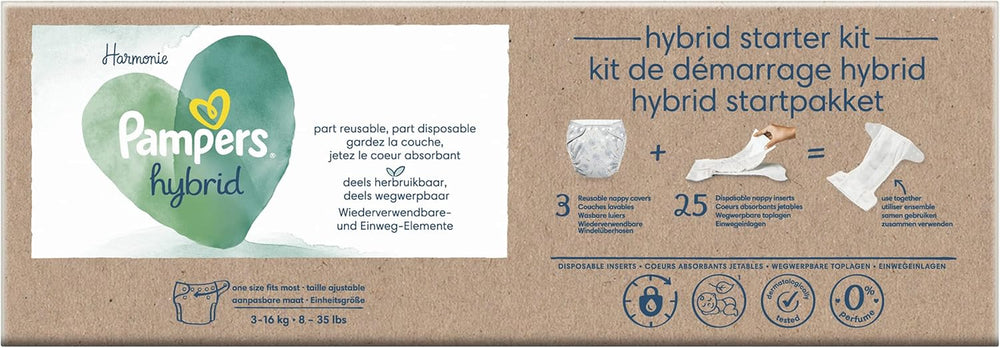 Pampers - Pack de démarrage Harmony Hybrid, 3 couches lavables + 25 couches supérieures jetables - 1 paquet