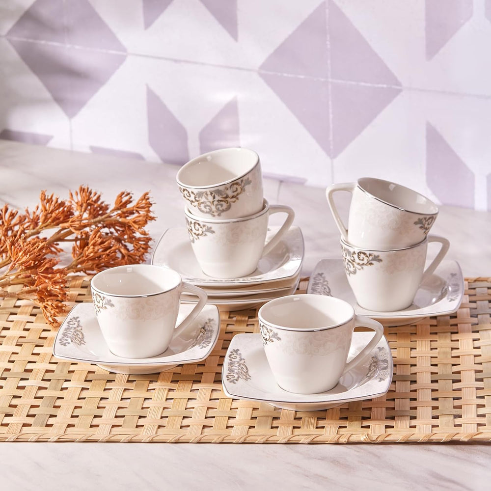KARACA Nazende Ensemble de tasses à expresso en porcelaine – Tasses à café turques de 80 ml avec soucoupes, service à café moderne 12 pièces avec 6 tasses à café et 6 soucoupes, tasses à moka – Blanc