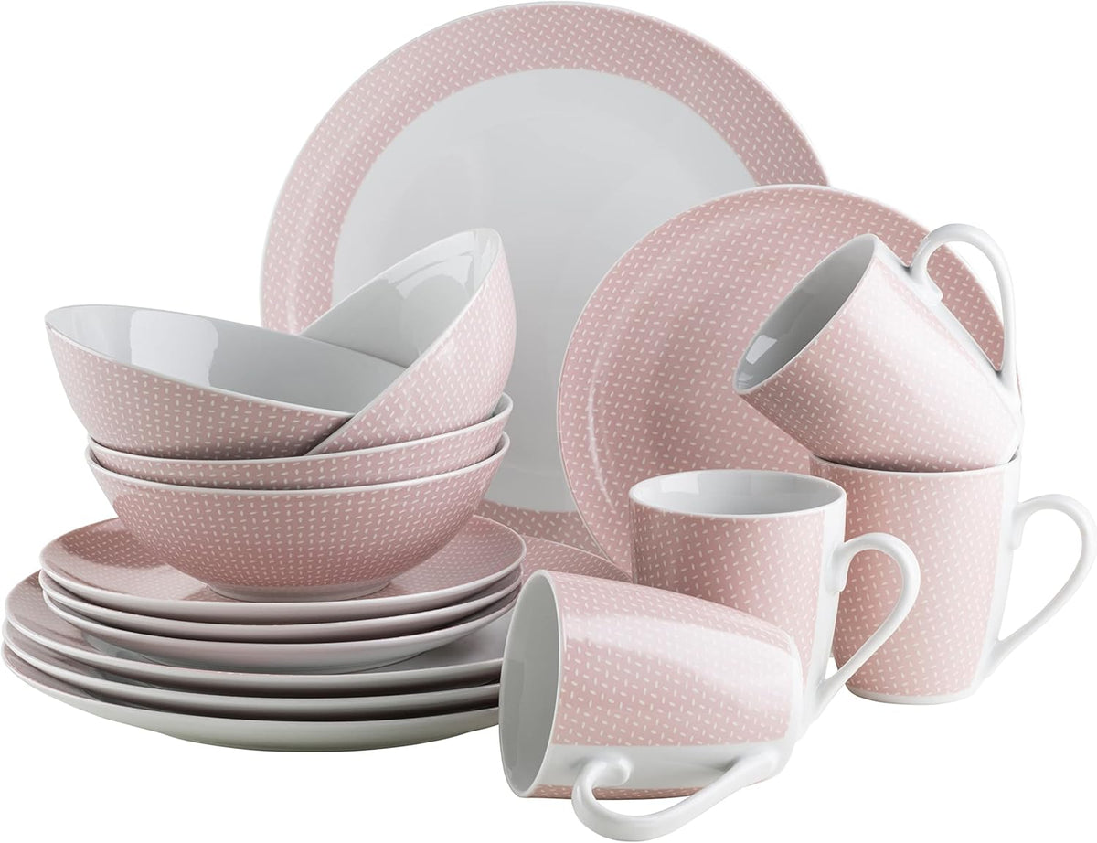 MÄSER Kitchen Time II, Service de table pour 4 personnes, Service combiné de 16 pièces aux couleurs pastel avec motif subtil, Porcelaine, Rose
