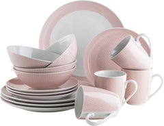MÄSER Kitchen Time II, Service de table pour 4 personnes, Service combiné de 16 pièces aux couleurs pastel avec motif subtil, Porcelaine, Rose