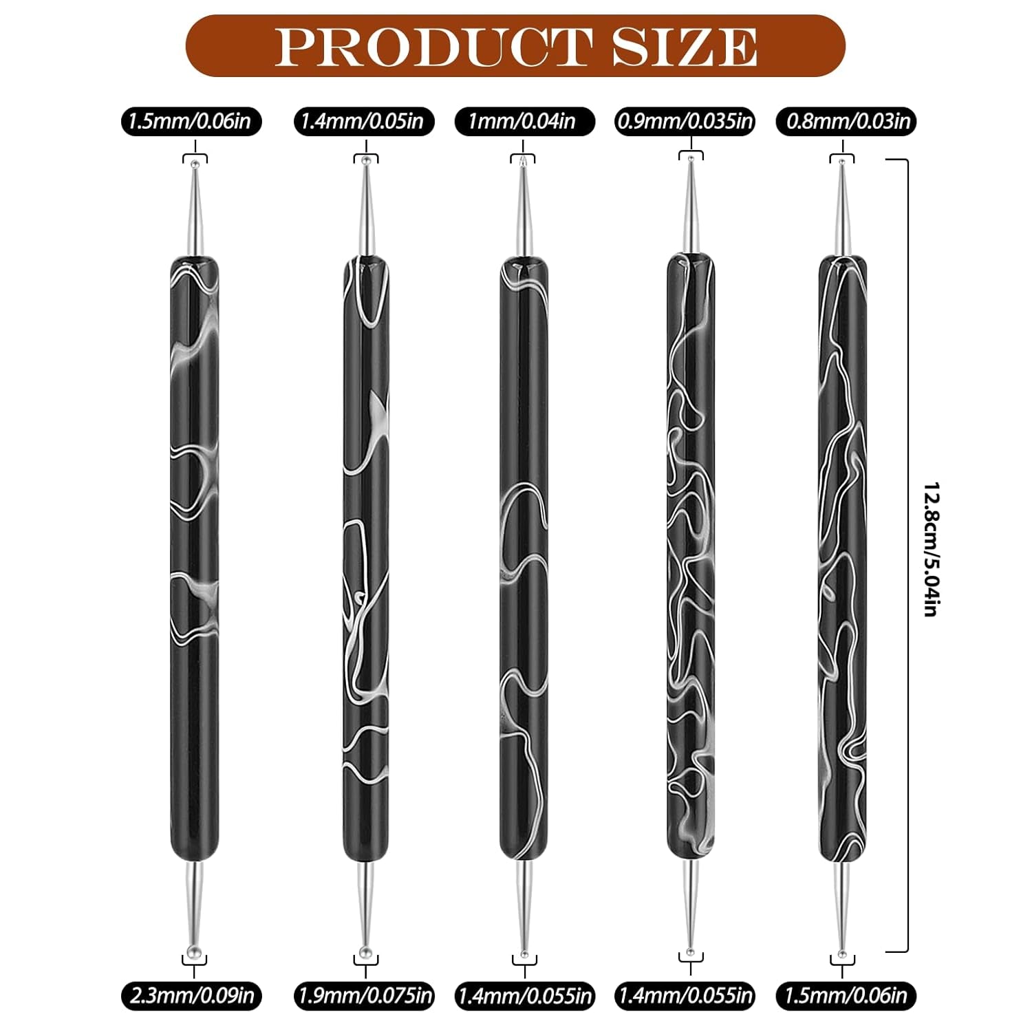 5 pièces d'outils de pointage de conception d'ongles, outil de travail de peinture, pointe de broche, outil de marbrage, outil de marbrage pour manucure de vernis à ongles, noir