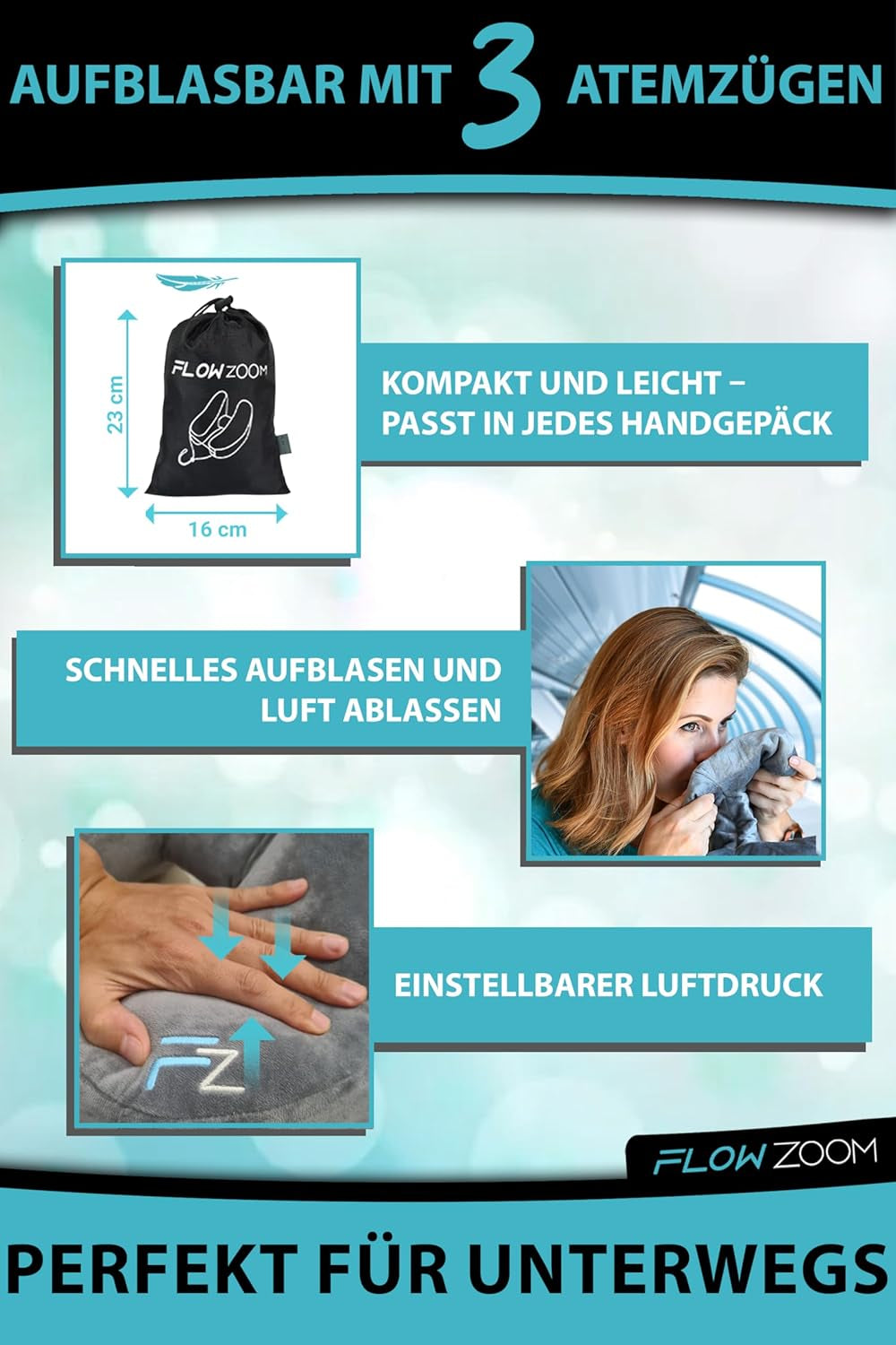 FLOWZOOM AIR Oreiller Cervical Gonflable avec Capuche - Oreiller Cervical Avion - Oreiller de Voyage - Oreiller Cervical Gonflable Rapide - Oreiller Avion - Oreiller de Voyage - Oreiller Cervical pour Adultes (Gris) Oreillers Cervicaux Orthopédiques Naty Shop