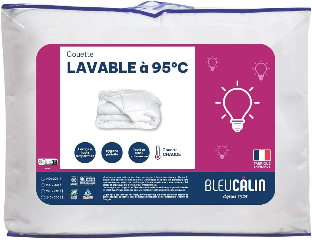 Couette chaude pour 1 personne, Hygiafill lavable à 95°, testée professionnellement, blanc, 140X200Cm, KBOB40 Couettes et couettes Naty Shop 140 X 200 Cm