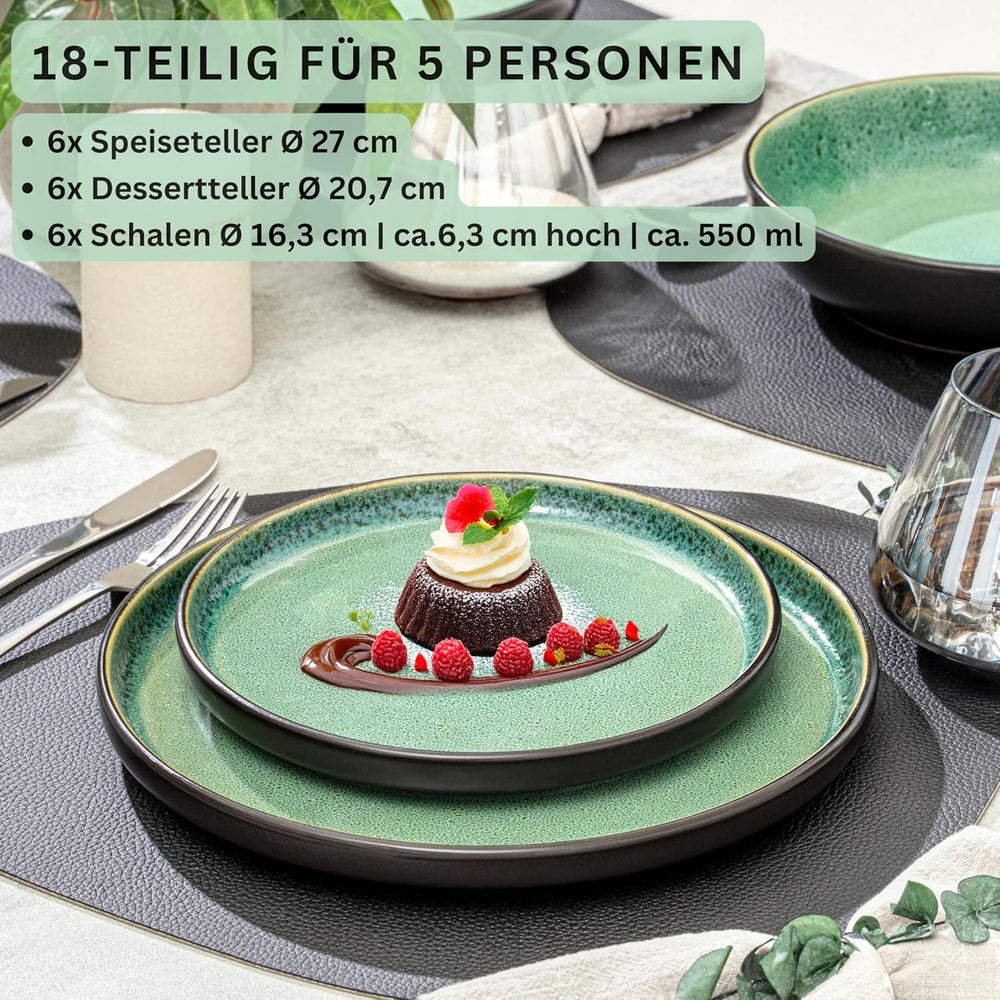 SÄNGER Greenwich | Service de table en grès, 18 pièces, service d'assiettes pour 6 personnes, service de table (6 assiettes plates, 6 assiettes à dessert, 6 bols), vert, résistant aux rayures, vaisselle | LA COLLECTION VALEUR