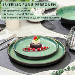 SÄNGER Greenwich | Service de table en grès, 18 pièces, service d'assiettes pour 6 personnes, service de table (6 assiettes plates, 6 assiettes à dessert, 6 bols), vert, résistant aux rayures, vaisselle | LA COLLECTION VALEUR