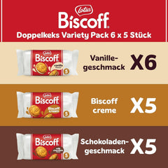 Biscoff Lotus | Pack varié de biscuits doubles | 3 variétés : Biscoff Crème, Saveur Vanille et Chocolat | 5 biscuits doubles par paquet | Ingrédients d'origine naturelle | Pas de colorants | 16x50g | 800g