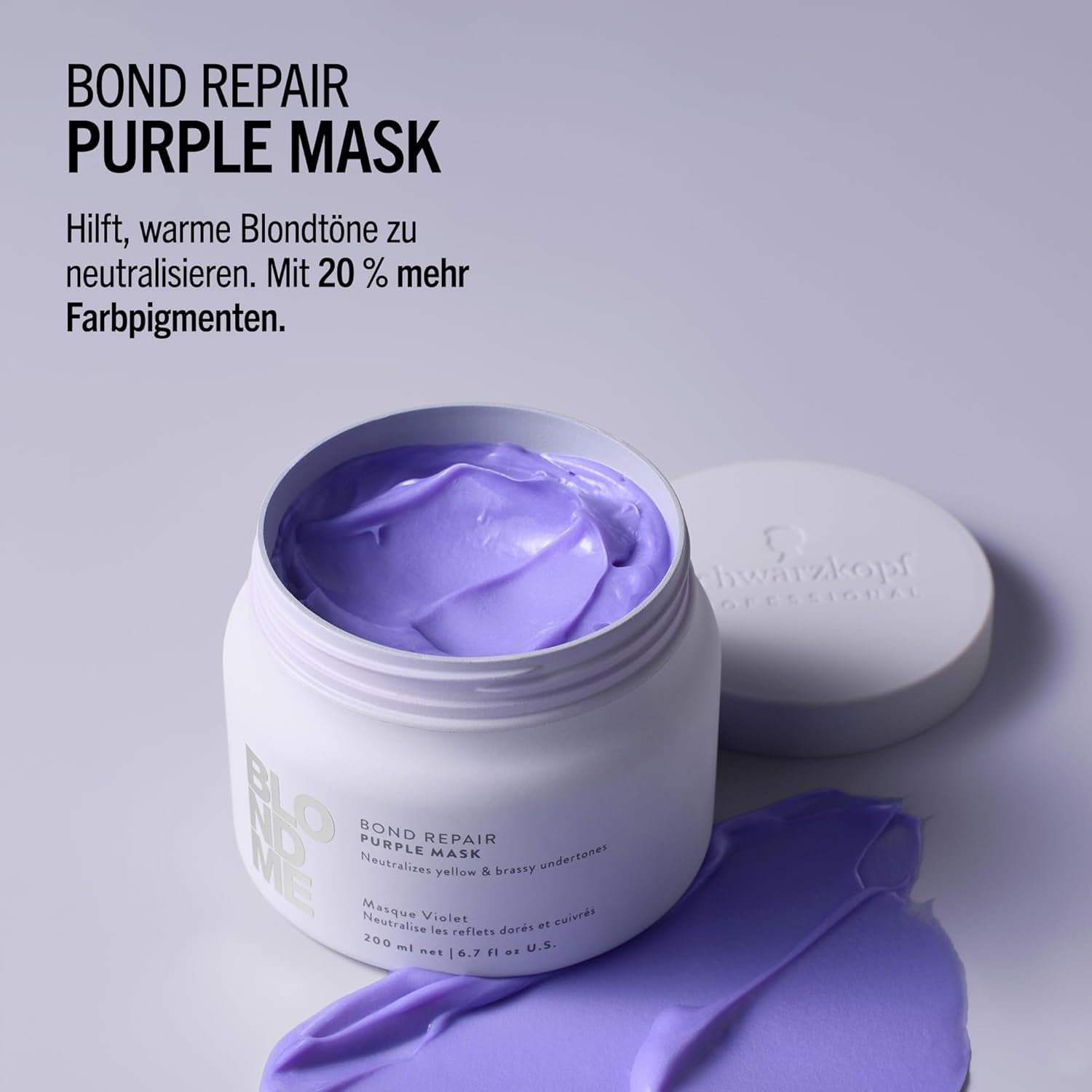 Schwarzkopf Professional BLONDME Bond Repair Purple Mask Masque pour cheveux frais Neutralise les tons jaunes pour cheveux teints, décolorés et clairs Revitalisant et fortifiant en profondeur 200 ml Masque capillaire Naty Shop