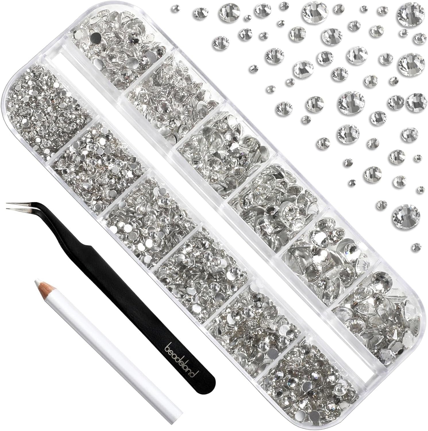 Beadland 2500Pcs Verre Nailart Strasssteine ​​​​Kristall Flatback Edelsteine ​​​​Runde, ​​​​pour Handwerk Gemischt 8 Größen SS4 ~ SS30 Mit Picking Pinzette Und Stift (Kristall Weiss)